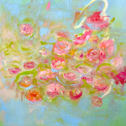 Seerosen_rosa.gelb.grün  I 100cm x 80 cm I Mischtechnik auf Leinwand I 2023