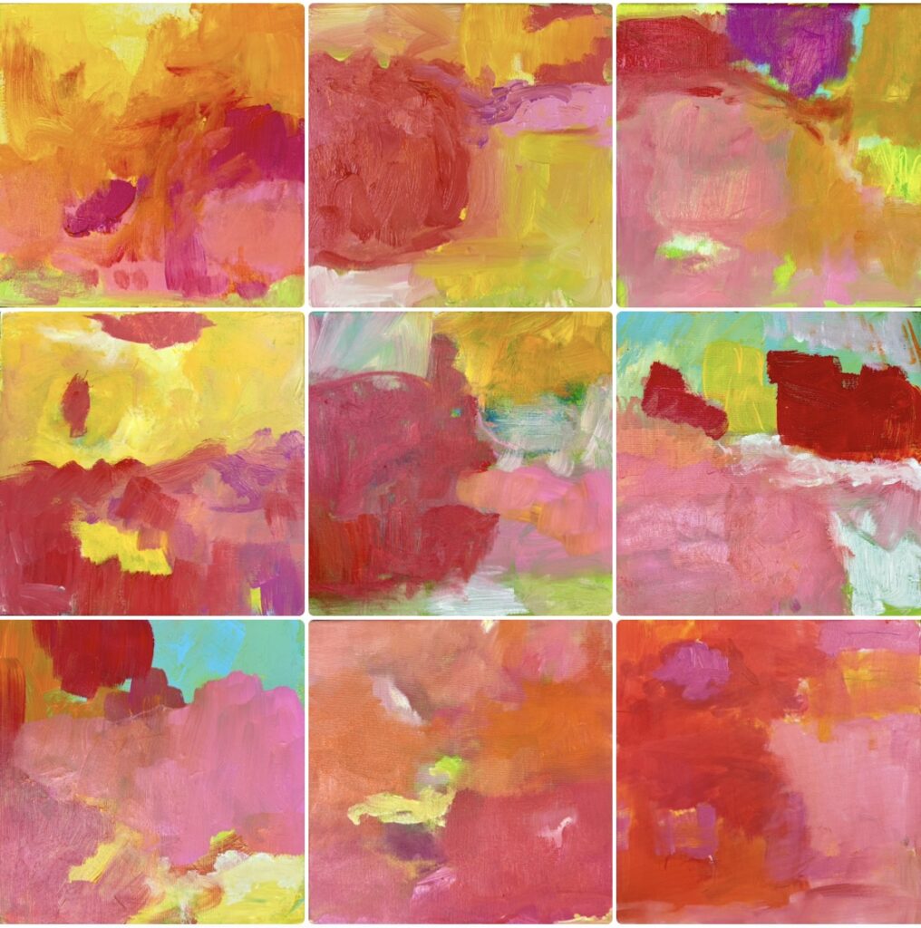 9 Bilder 30x30 in pink gelb orange gehalten zu Mozart Musik gemalt 